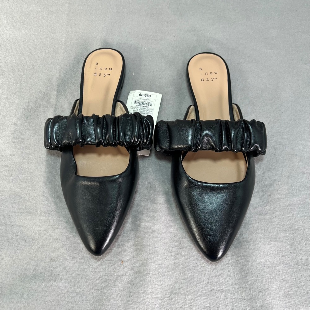 A New Day Celeste Black Pointed Toe Mule Slip On Flats Minimalist Chic Size 6 - Picture 2 of 11
